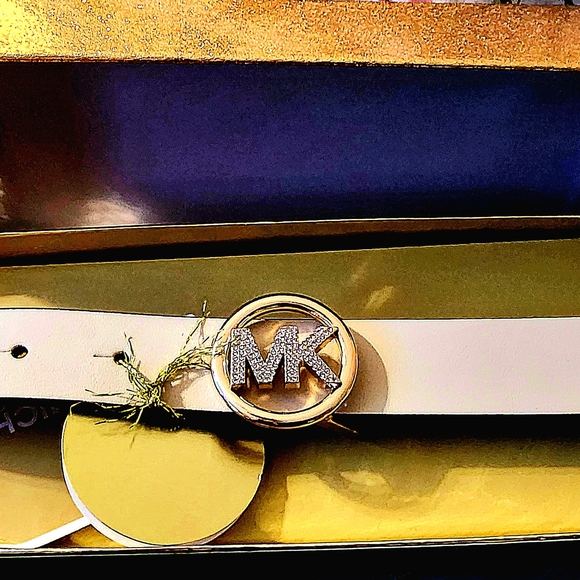 NWT MICHAEL KORS IVORY/CREAM 25MM PAVE LOGO BELT IN BOX L/XL - Picture 3 of 7